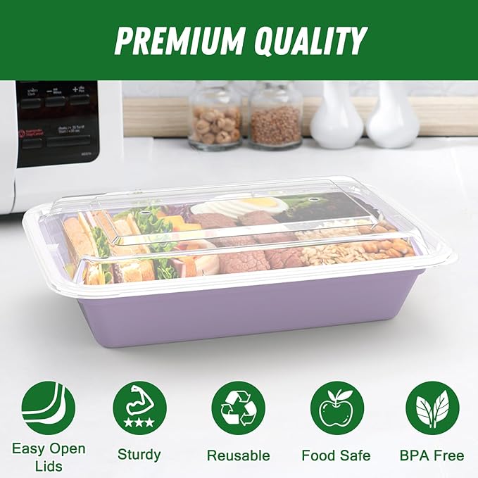 50 Pack (100-Piece) 32 oz Meal Prep Containers Reusable with Easy Open Lids, Sturdy Leakproof Food Safe, Microwave Freezer Dishwasher Safe, To Go Take Out Plastic Food Storage Pans with Lids, Lilac