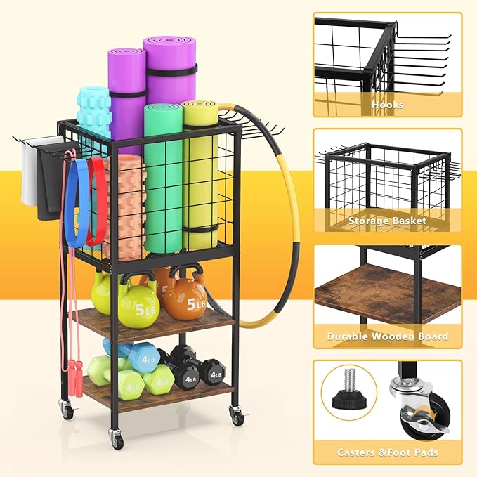 Dumbbell Rack for Home Weight Rack for Home Gym Yoga Mat Storage Rack Black Workout Equipment Storage Organizer with Hooks Yoga Mat Holder with Wheels for Yoga Block, Dumbbell, Resistance Band