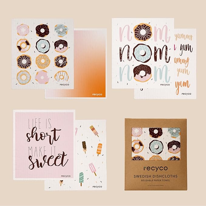 RECYCO Swedish Dishcloths for Kitchen | 6 Pack Sugar Rush Washable Dish Rags | Cellulose Reusable Cleaning Paper Towels | Absorbent Counter Dish Cloth Sponge Kitchen Wipes, 8" L x 7" W