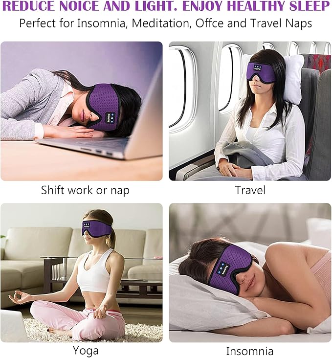 Sleep Headphones, Sleep Mask Bluetooth Wireless Music Eye Mask, Mask with Bluetooth Headphones Ultra-Thin Stereo Speakers Perfect for Sleeping (Purple)