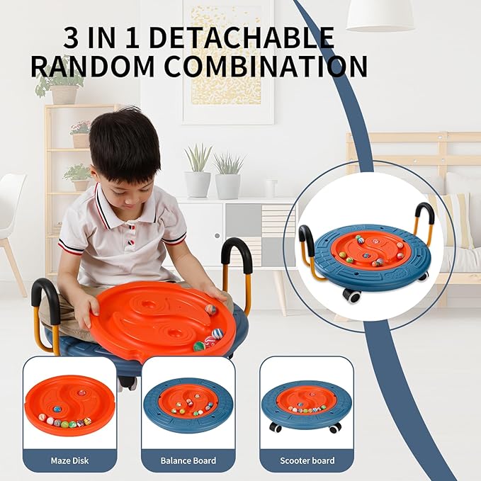 3-In-1 Balance Scooter Board for Kids,Plastic Wobble Balance Board Rocker Maze with Handles, 5 Balls, Toddler Wobble Disk for Sensory Training, Physical Therapy