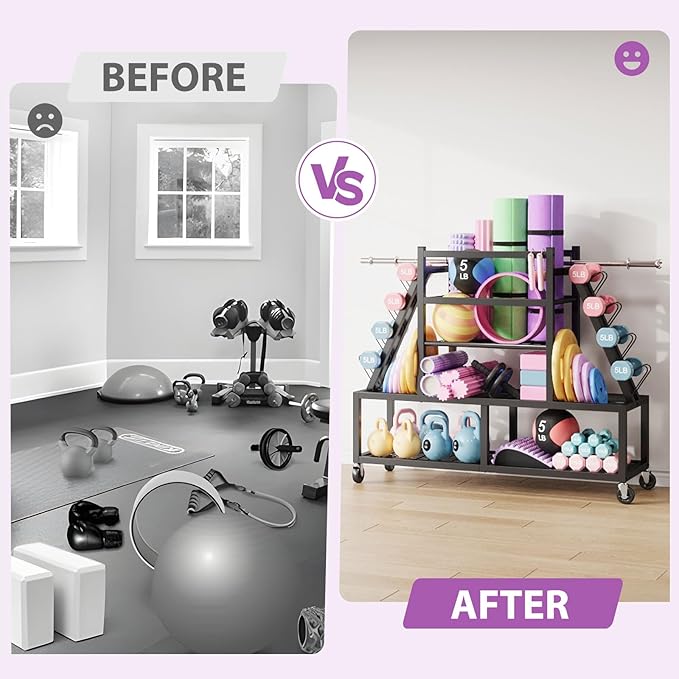 Dumbbell Rack Weight Rack Storage-Large Dumbbells Rack Home Gym Storage,Multilevel Workout Storage Organizer with Wheels and Barbell Holder,Perfect for Yoga Mat Balls Kettlebells and Fitness Gear,black