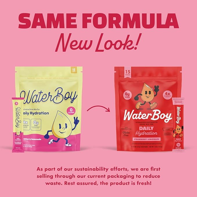 Waterboy Daily Hydration | 1,570mg Electrolyte Powder Packets | No Sugar, All Natural, Gluten Free, Zero Calories | 15 Drink Stick Mixes (Strawberry Lemonade)