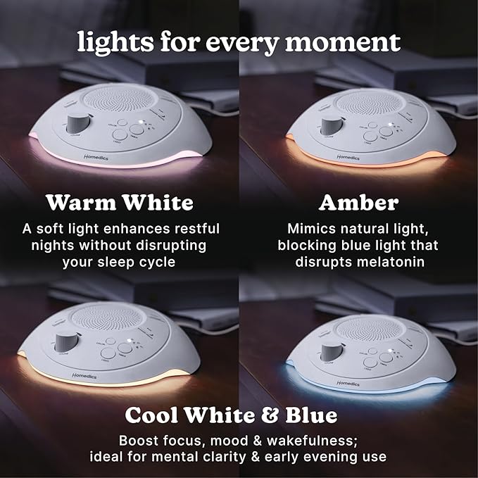 Homedics Sleep Better Portable Sound Machine, Night Light,12 Soothing Sounds Including White Noise, Rain, and Thunderstorm, Ultra-Portable Design, Auto-Off Timer, Ideal for Travel & Baby Sleep