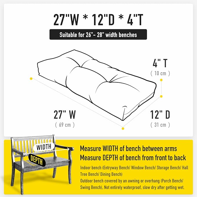 SUNROX LokGrip Non Slip Tufted Memory Foam Bench Cushion, FadeShield Water Resistant Durable Thicken Outdoor/Indoor Bench Seat Pads 27x12x4 inch, Heather Grey