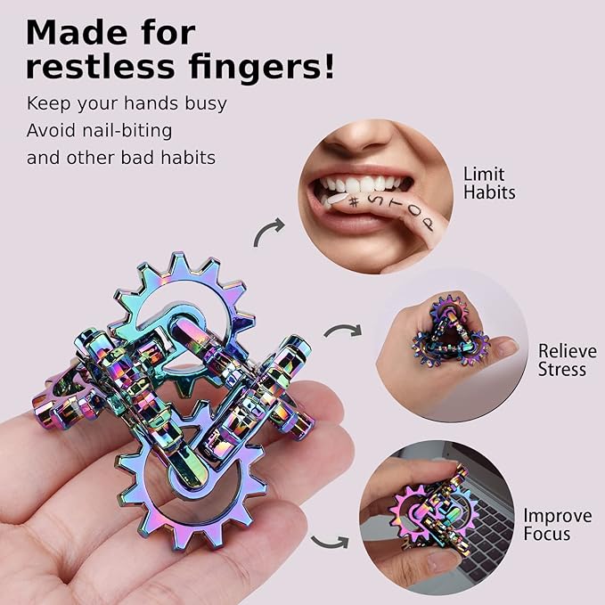 Infinity Gear Fidget Toy, Solid Metal Never Ending Flippy Novelty Kinetic Desk Toy, Relieve Stress, Anxiety, Promotes Focus, Keep Fingers/Hands Busy, Avoid Bad Habits (Rainbow)