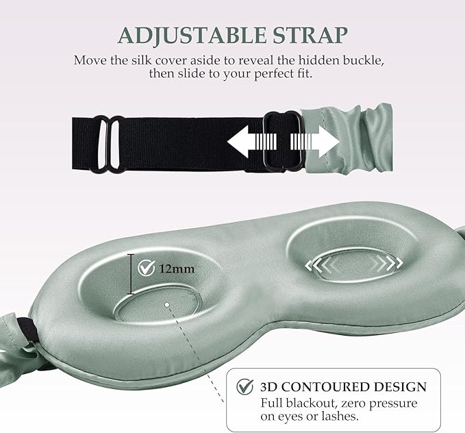 100% Mulberry Silk Sleep Mask for Unisex, 22 Momme 3D Silk Contoured Eye Mask, Breathable Light Blocking Blindfold with Adjustable Strap, Blackout Eye Cover for Travel, Grayish Green