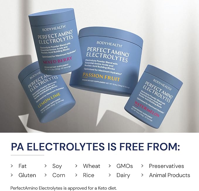 BodyHealth PerfectAmino Electrolytes Powder No Sugar, Hydration Fasting Keto Zero Sugar Electrolytes Drink Mix with Trace Minerals - Passion Fruit - 60 Servings