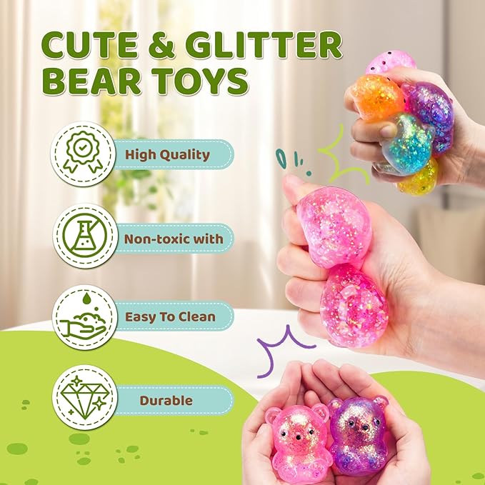 12Pack Fidget Toys Squishy ,Cute Bear Squeeze Ball , Stress Balls for Stress Relief,Pull Stretch Classroom Prize Party Favors Toys for Kids