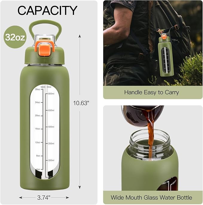 32 oz Glass Water Bolttles with Straw Large Motivational Water Bottle with Time Marker Sports Water Bottles with Silicone Sleeve and Handle Lid Water Jug for Gym Workout