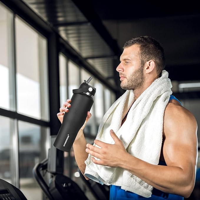 HYDROWION Water Bottle Insulated (Cold 48 hrs, Hot 24 hrs) 40 oz Stainless Steel Water Tumbler with Leak Proof Straw Lid, Spout Lid and Flex Cap,Double Wall Travel Tumbler Cup, Black&Grey