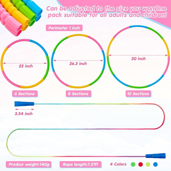 8 Pcs Toy Hoop and Jump Rope Set for Kids Include 4 Skipping Rope and 4 Detachable Weight Size Hoop Gymnastic Fitness Exercise Gift Equipment