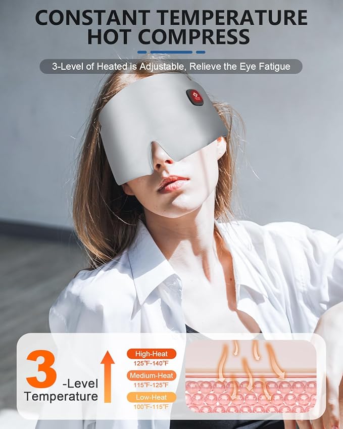 Silk Heated Eye Mask, 2000mAh Large Size Cordless Sleep Mask Warm Eye Compresses Electric Eye Heating Pad for Stye Blepharitis Dry Eyes Sinus Migraine Gifts for Men Woman (Grey)