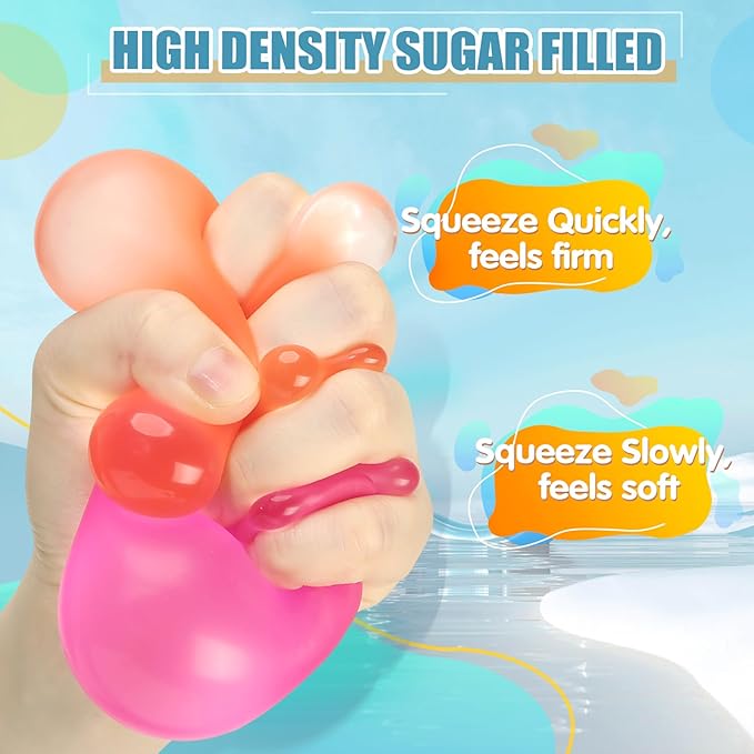 Stress Balls Memory Gel Sugar Filled, 4 Pack 2.5'' Large Squishy Fidget Toy for Kids Adults, High Density Goo Squeeze Balls for Anxiety and Stress Relief, Quiet Sensory Calming Toys for ADHD