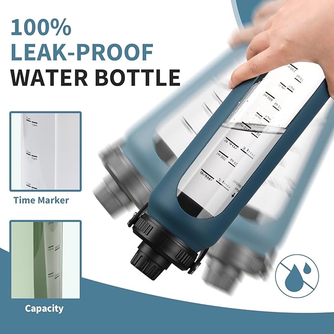 32 oz Glass Water Bottles with 2 Lids-Handle Spout Lid & Straw Lid 1 Liter Motivational Borosilicate Water Bottle with Silicone Sleeve and Time Marker,Leakproof