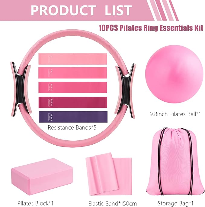 Pilates Kit at Home 10PCS Pilates Equipment with 11.81Inch Pilates Ring 9.8Inch Ball 5PCS Stretching Strap Risistance Bands Block Gym Bag