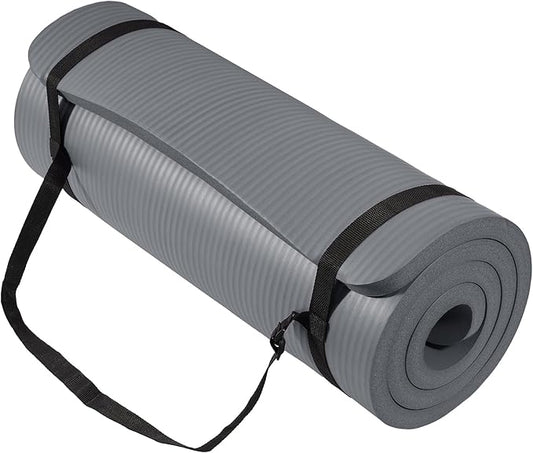 BalanceFrom GoCloud 71" x 24" All-Purpose 1-Inch Extra Thick Double-Sided Non-Slip High Density Anti-Tear Exercise Yoga Mat with Carrying Strap, Gray