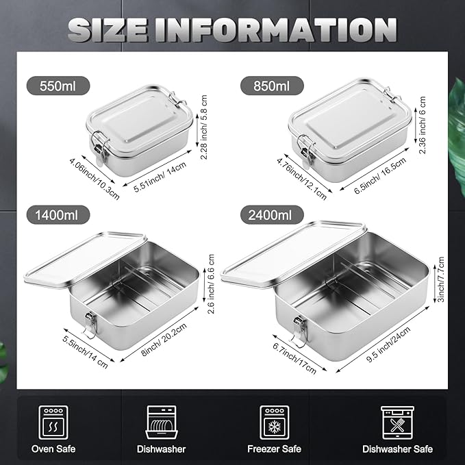 Umigy 8 Pcs Stainless Steel Food Containers Metal Bento Lunch Box Stainless Steel Food Storage Containers, Lockable Clips to Leak Proof, Reusable Dishwasher Snack Boxes for Work, Picnic (4 Sizes)