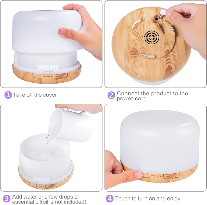 500ML Essential Oil Diffuser, Home Aroma Diffuser, Humidifier for Bedroom Large Room, Quiet 5-in-1 Humidifier: 7 Color LED, 2 Mist Mode, Remote Control, Timer, Waterless Auto Off-Wood Bottom
