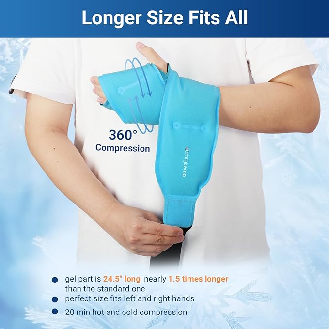 Comfytemp Larger Wrist Ice Pack Wrap for Carpal Tunnel Relief, Reusable Longer Gel Wrist Brace Hot Cold Compression for Hand Pain Injury, Tendonitis, Arthritis, Surgery Gift