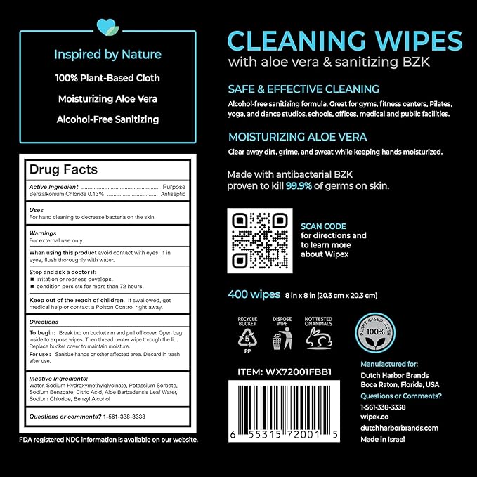 Wipex Gym Wipes Bundle - Get 2 Buckets (1) Lavender Plant-Based Fitness Equipment Wipes & (1) Sanitizing BZK for Skin, Great for Gyms, Yoga Studios, Home, Fitness Centers, 400 Ct (Pack of 2)