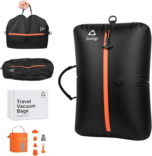 Zurligi Vacuum Compression Bags with Pump for Travel - Reusable, Portable Travel Pack Vacuum Bag Kit for Suitcases, Backpack