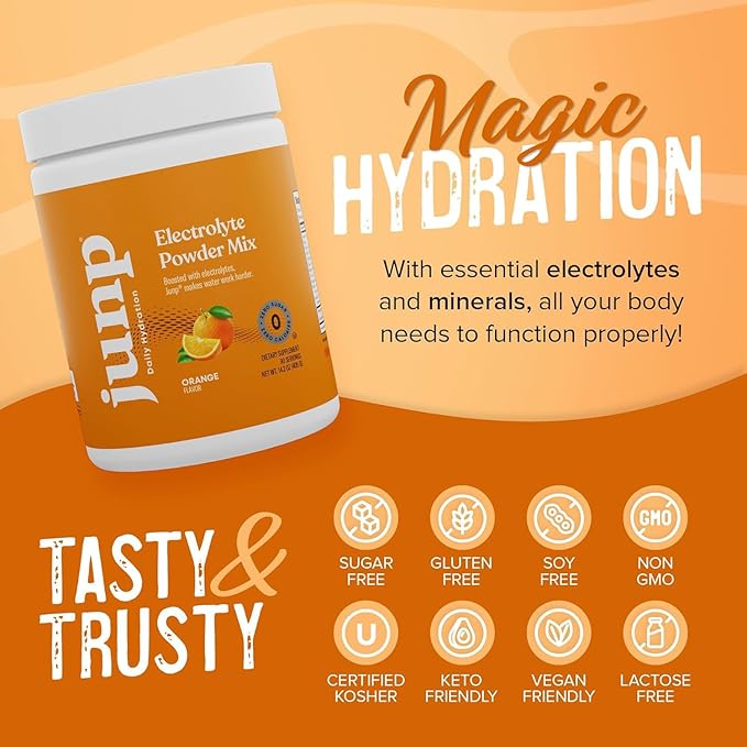 JUNP Electrolytes Powder No Sugar No Carbs – Sweet Tangy Citrus Orange Drink Mix - Potassium & Salt Electrolyte Hydration Powder Zero Calorie Sugar Free Electrolyte Powder, Keto Friendly, 180 Servings