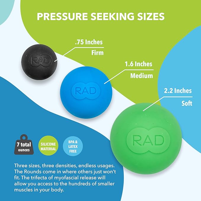 RAD Rounds – 3 Density Yoga Massage Ball Set for Deep Tissue Myofascial Release – Therapy Balls for Feet, Back, Neck, Jaw & Forearms – Trigger Point & Mobility Therapy (3-Pack)