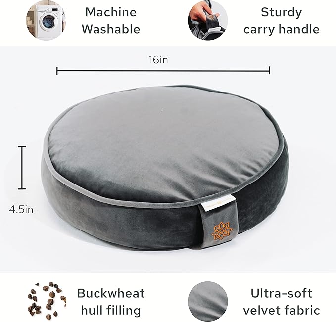 Mindful Modern Velvet Meditation Cushion | Luxe Zafu Yoga Floor Pillow Seat | Posture Support | Buckwheat Hull Filled | Large Round Cushion with Removable Washable Cover + Carry Handle