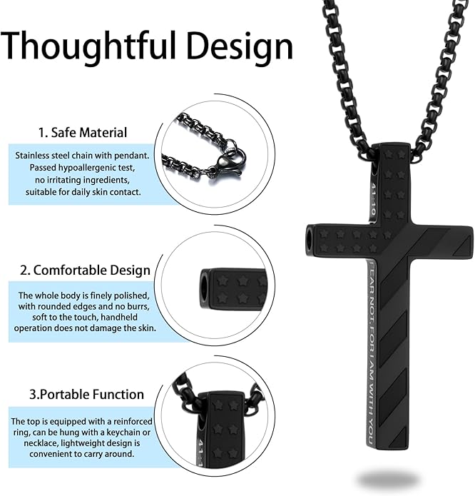 American Flag Cross Breathing Necklace for Women Men Quit Stop Smoking Stainless Steel Inspirational Bible Verse Anxiety Relief Mindfulness Jewelry for Stress Relief Christian Meditation Gift