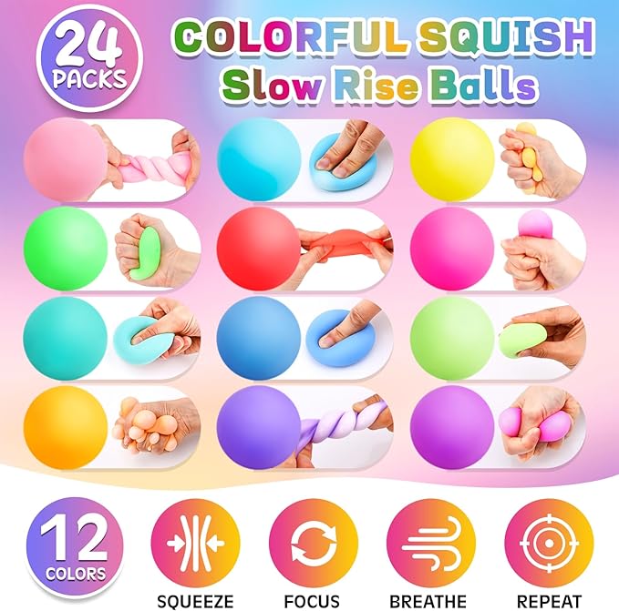 24 Pack Stress Balls for Kids Adults,Slow Rising Stress Ball, Fidget Toys for Anxiety Relief,Hand Therapy Sensory Squishy Ball,Bulk Squeeze Balls,Party Favors Classroom Prizes Goodie Bag Stuffers(2")