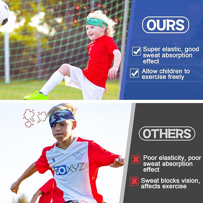 Sweatbands for Kids - Non Slip Breathable Kids Athletic Sweatband Football Headband for Boys Girls 4 5 6 7 8 9 10 Years Gifts, Milk Silk Elastic Sweat Absorbing Hairband for Basketball Soccer Baseball