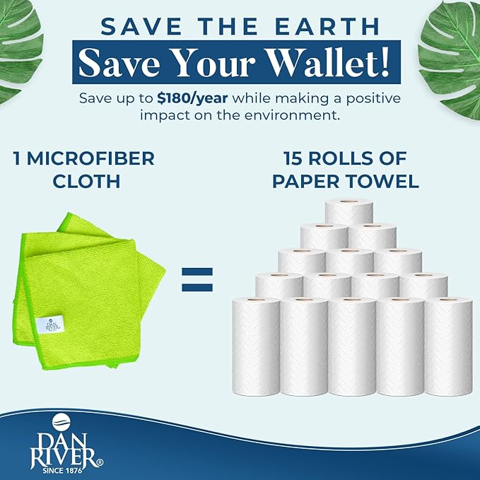 DAN RIVER 24-Pack Green Microfiber Towels โ Ultra Absorbent, Lint-Free & Streak-Free Cleaning Cloths for Home, Car & Kitchen - Must-Have Cleaning Essentials - 12" x 12"