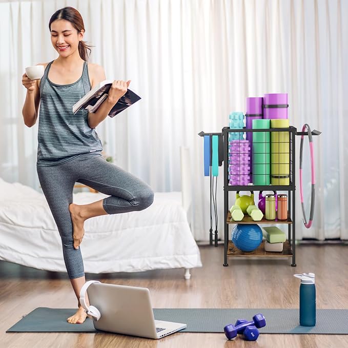 Dumbbell Rack for Home Weight Rack for Home Gym Yoga Mat Storage Rack Black Workout Equipment Storage Organizer with Hooks Yoga Mat Holder with Wheels for Yoga Block, Dumbbell, Resistance Band