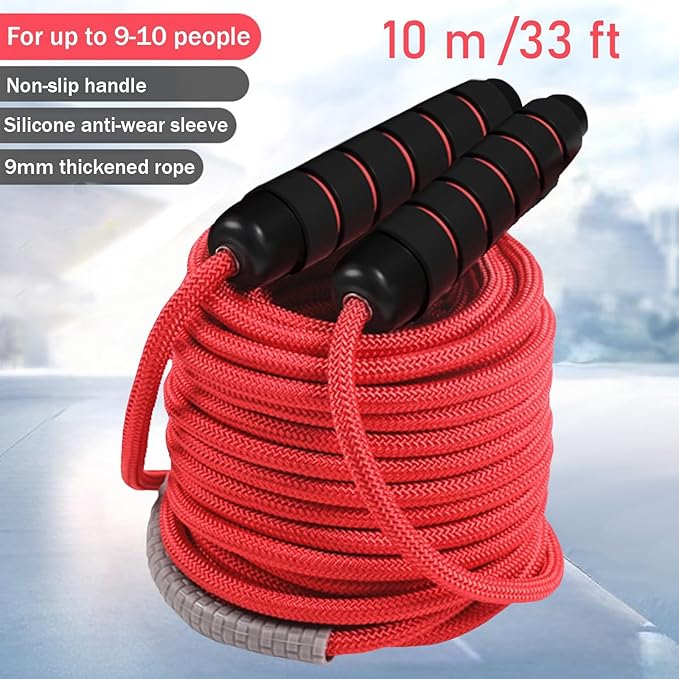 30 FT Long Jump Rope for Kids Adults,Double Dutch Jump Rope,Adjustable Skipping Ropes with High-strength Nylon Braided Rope Core,360°Rotation Not Entangled,Long Enough for 6-10 Jumpers.Red