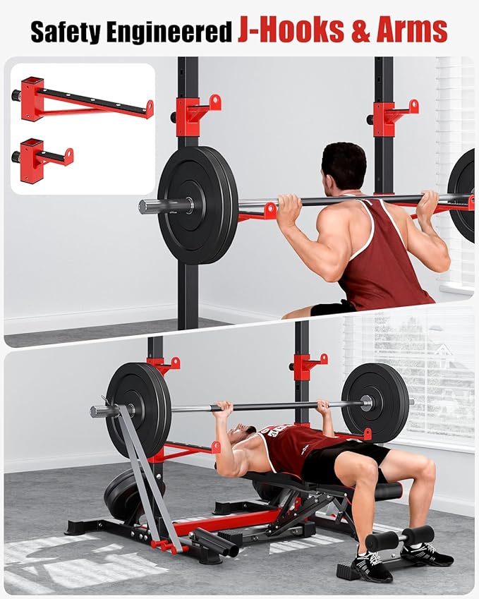 YOLEO Squat Rack with Adjustable Pull-Up Bar & Extended Safety Arms, Multi-Functional Power Racks Squat Stand for Home Gym, Garage & Basement, 35"-67" Width, Fixed 83” Frame Height, Pull-Up Bar Height 71.5"-80.5", Fits 6FT & 7FT Barbells