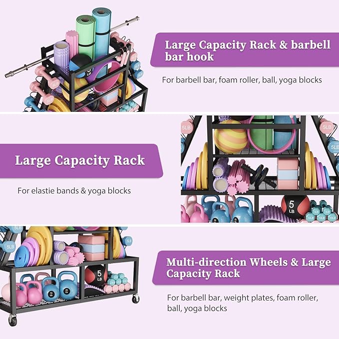 Dumbbell Rack Weight Rack Storage-Large Dumbbells Rack Home Gym Storage,Multilevel Workout Storage Organizer with Wheels and Barbell Holder,Perfect for Yoga Mat Balls Kettlebells and Fitness Gear,black