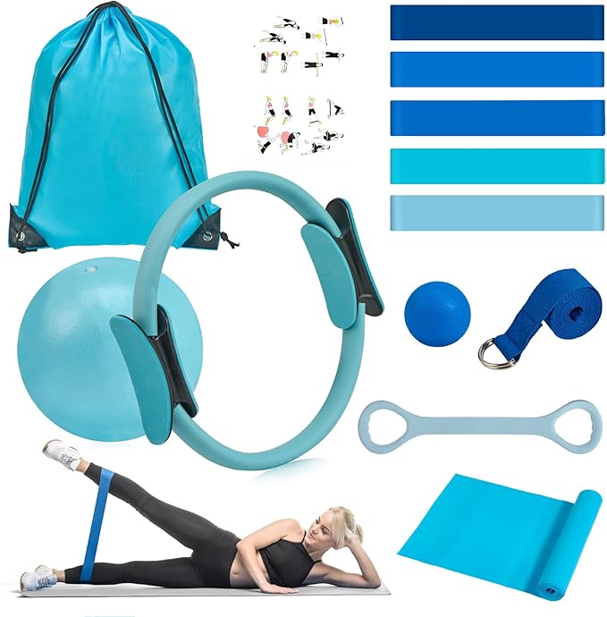 HASHMUST Pilates Ring Kit 12 PCS for Women, Home Workout Equipment with Magic Circle, Mini Exercise Ball, Resistance Bands, Massage Lacrosse, Yoga Strap, Full-Body Fitness Set for Toning & Gift