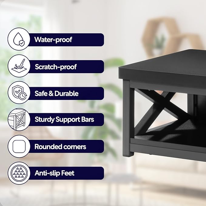 Wooden Step Stool for Adults & Kids with Patented Bottom Shelf – Anti-Slip Rubber Feet, Heavy-Duty Steel Frame, 500 lbs Capacity – Small Step Stool for Bed, Bathroom & Kitchen – Black