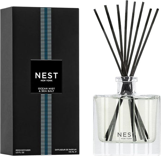 NEST New York Reed Diffuser, Ocean Mist & Sea Salt - 5.9 fl oz - Fragrance for Up to 90 Days - Reusable, Refillable Glass Holder - Includes 8 All-Natural Reed Sticks - Flame Free