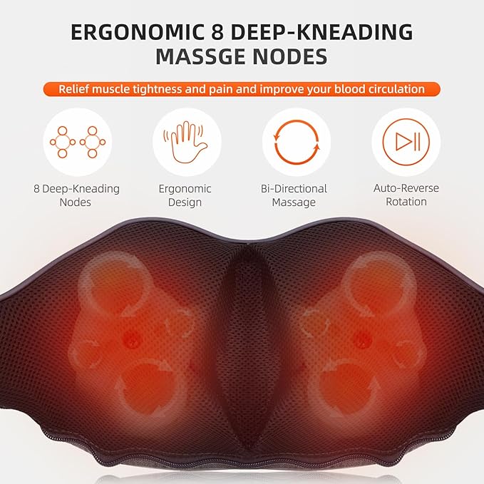 Cordless Shiatsu Neck Shoulder Massager with Heat Deep Kneading Muscle Pain Relief Ideal Gift for Men Women Office Use Travelers
