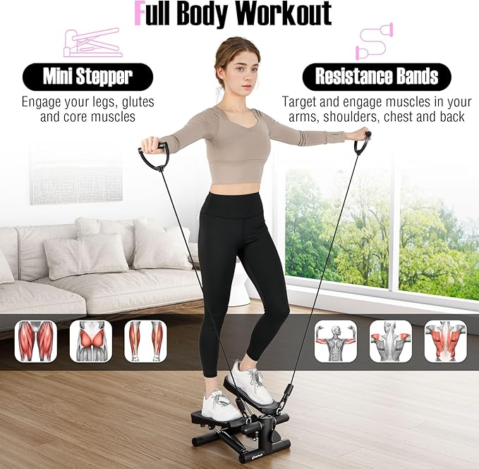 Goplus Steppers for Exercise at Home, Intensity Adjustable Hydraulic Mini Stepper w/Resistance Bands & LCD Monitor, Quiet & Portable Small Cardio Exercise Machine for Home Office or Under Desk