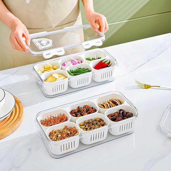 MineSign 2Pack Divided Food Serving Tray with Lids Stackable Snackle Box for Candy Nuts Spice Fruit&Veggie Container with 6 Small Dividers Plastic Storage Bins for Fridge Pantry Freezer