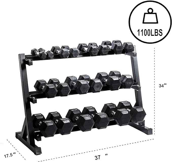 Zlinke 3-Tier Dumbbell Rack Multilevel Weight Storage Organizer for Home Gym, Weight Rack for Dumbbells, Kettlebells,1100LBS Capacity (Rack Only)
