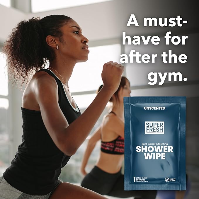 Super Fresh Shower Wipes Large Unscented Body Wipes for No Rinse Bathing Personal Hygiene Gym Travel or Camping Enriched with Aloe and Vitamin E 20 Individually Wrapped Disposable Sheets