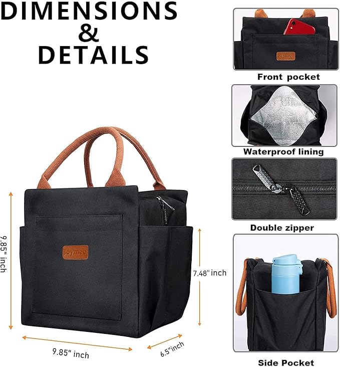Joymee Lunch Bag Women Insulated Lunch Box Reusable Leakproof Large Spacious Cooler Tote for Women Men Adult with Bottle Holder and Side Pockets for Work Office Travel Picnic - Black