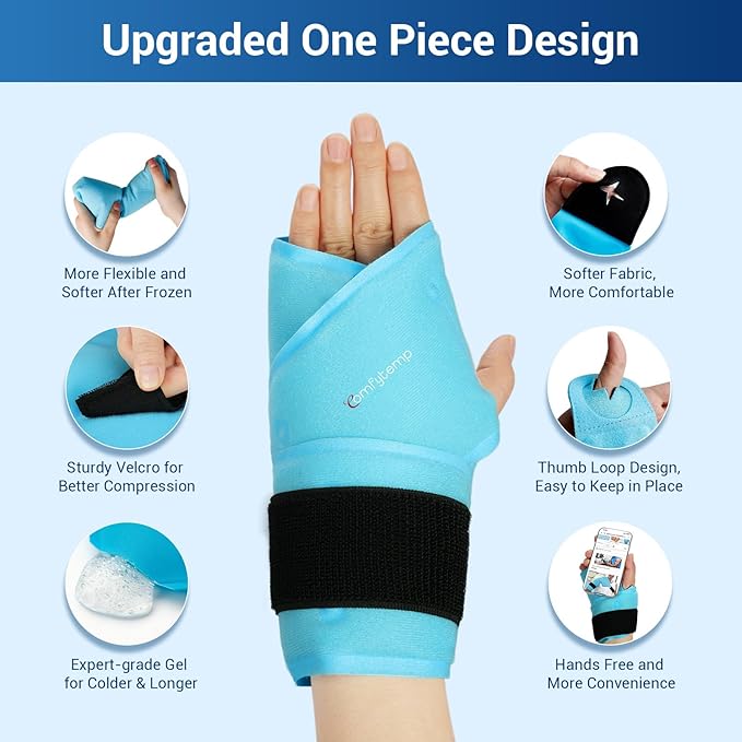 Comfytemp Larger Wrist Ice Pack Wrap for Carpal Tunnel Relief, Reusable Longer Gel Wrist Brace Hot Cold Compression for Hand Pain Injury, Tendonitis, Arthritis, Surgery Gift