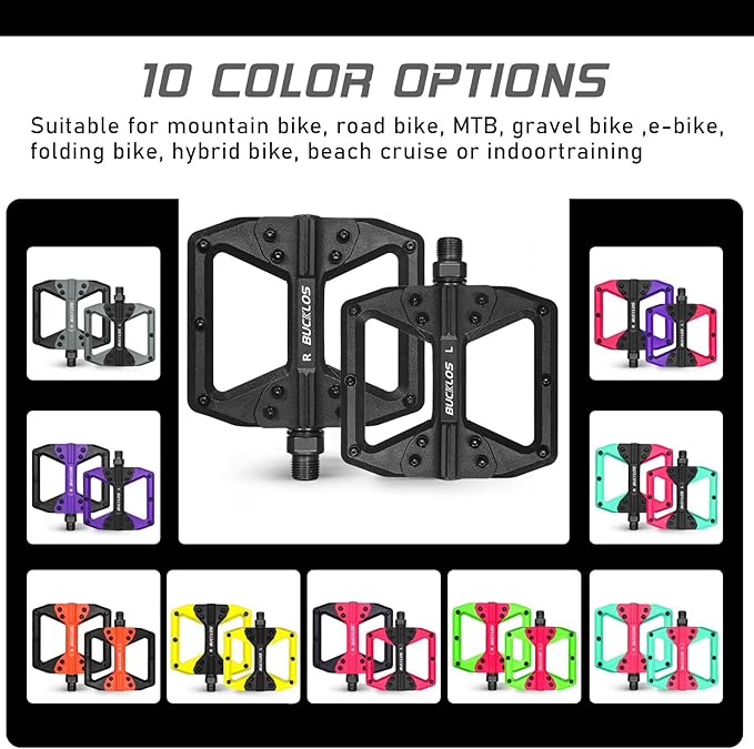 BUCKLOS MTB Flat Pedals Mountain Bike Pedals, 3 Bearings CNC Adult Road Bike Pedals, Bicycle Platform Aluminum Alloy Non-Slip Pedal for Gravel Bike/BMX 9/16"(Black)