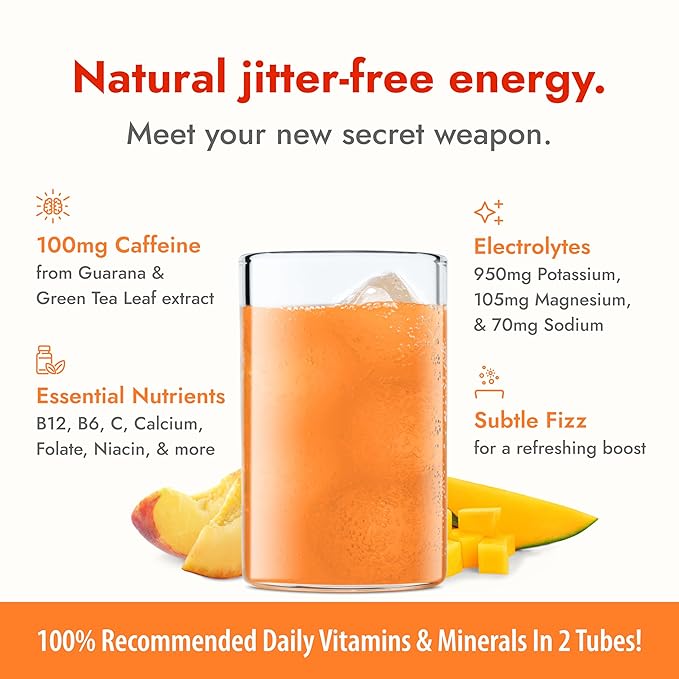 Zipfizz Daily Energy Drink Powder, Peach Mango, 20 Pack | 3-in-1 Sustained Energy, Rapid Hydration, and Essential Vitamins | Sugar-Free | Electrolyte Powder | Contains Vitamin B-12 & Antioxidants