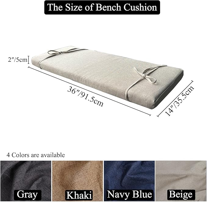 36 x 14 Inch Piano Bench cushons for Indoor Furniture with Ties Non Slip Kitchen Dining Room Bench seat Cushion for Show Storage, Window, Settee, Ottoman,Beige